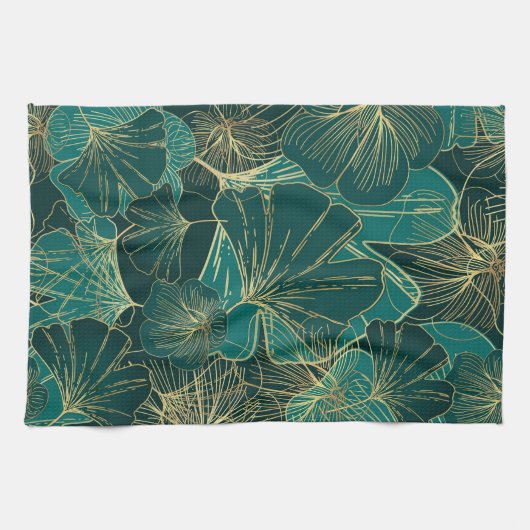 Blauwgroene en goudbladeren theedoek (Horizontaal)