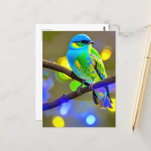 Blauwgroene fantasievogel op een tak briefkaart