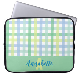 Blauwgroene Limoen pastel gingham patroon monogram Laptop Sleeve