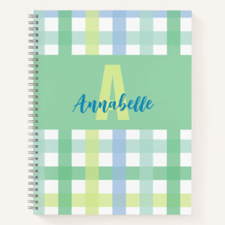 Blauwgroene Limoen pastel monogram gingham patroon Notitieboek