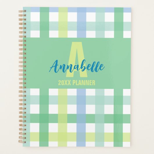 Blauwgroene Limoen pastel monogram gingham patroon Planner (Voorkant)