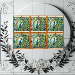 Blauwgroene Majestueuze Pauw Gouden Veren Motief Tegeltje