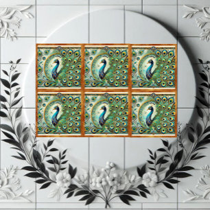 Blauwgroene Majestueuze Pauw Gouden Veren Motief  Tegeltje