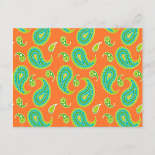 Blauwgroene paisley op helder Sinaasappel Briefkaart
