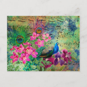 Blauwgroene Pauw Vintage Roze Bloemen Muziek Briefkaart