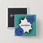 Blauwgroene Pop Art Bowling Name Button (Voorkant /achterkant)