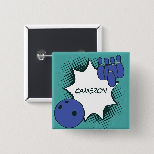 Blauwgroene Pop Art Bowling Name Button (Voorkant /achterkant)
