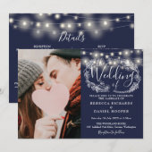 Blauwgroene Slingerlichtjes Foto All-in-one Trouwf Kaart (Voorkant / Achterkant)