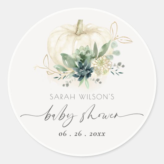 Blauwgroene Succulente Pompoen Baby Shower Ronde Sticker (Voorkant)