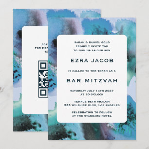 Blauwgroene Waterverf Custom QRCode Bar Bat Mitzva Kaart