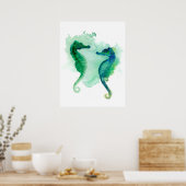 Blauwgroene zeepaarden witte poster zeepaard (Keuken)