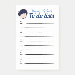 Blauwharige jongen om lijsten te maken post-it® notes