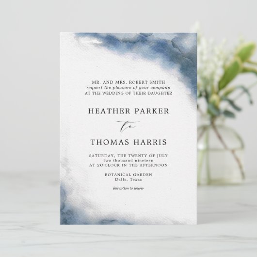 Blauwige Waterverf Klassieke Elegante Bruiloft Kaart (Staand voorkant)