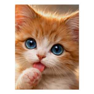 Blauwogige poes die haar poot likt perfect poster