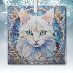 Blauwogige Witte Kat Gebrand Glas Ornament