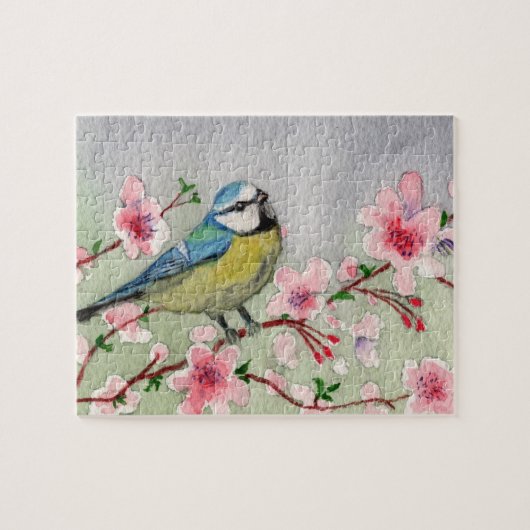 Blauwtevogel op Cherry Blossom Tree Legpuzzel (Horizontaal)