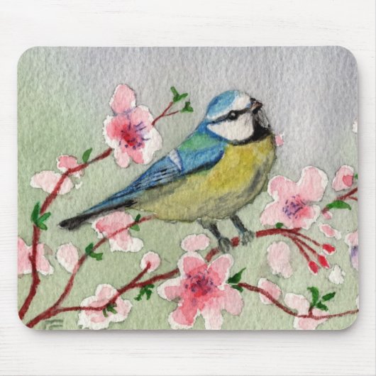 Blauwtevogel op Cherry Blossom Tree Muismat (Voorkant)