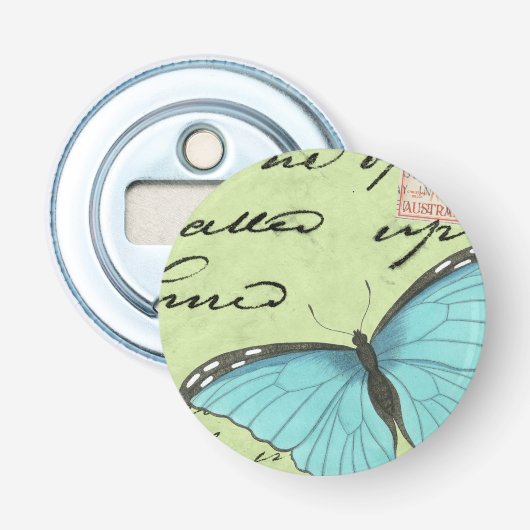 Blauwvleugelvlinder op Blauwgroen Briefkaart Button Flesopener (Voorkant)