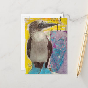 Blauwvoetige vogel mixed media collage briefkaart