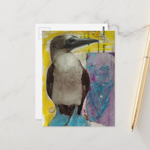 Blauwvoetige vogel mixed media collage briefkaart