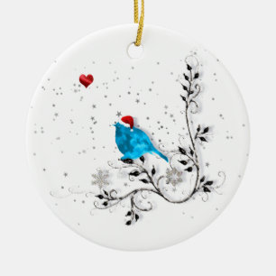 Blauwvogel die naar een kersthart kijkt keramisch ornament