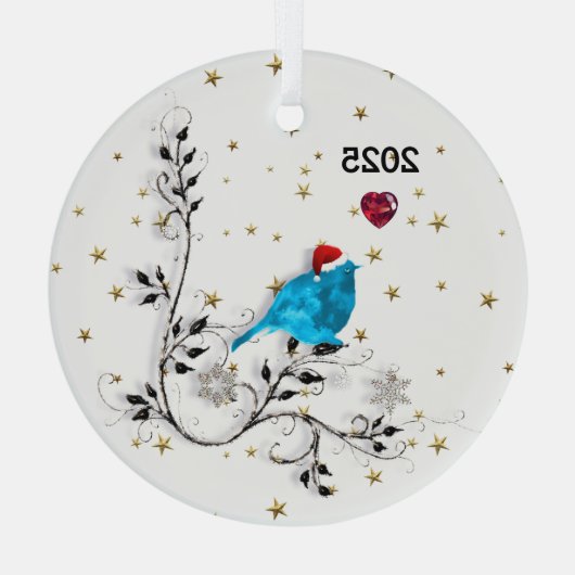 Blauwvogel- en hartenglazen sierbloem glas ornament (Achterkant)