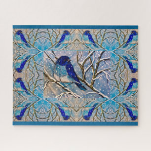 Blauwvogel in de bergen in de sneeuwpuzzel legpuzzel