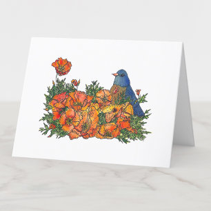 Blauwvogel in Poppy Flowers Waterverf Blank Kaart