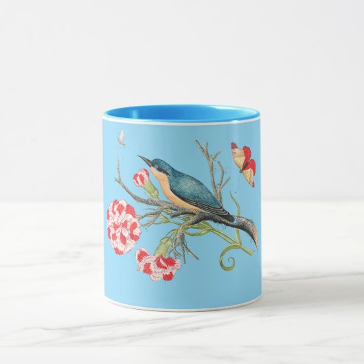 Blauwvogel op anjers,  illustratie, mok (Midden)