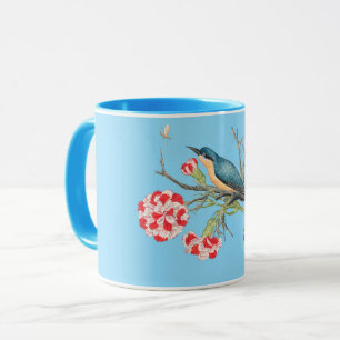 Blauwvogel op anjers, illustratie, mok