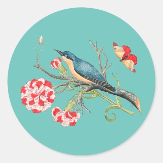 Blauwvogel op anjers,  illustratie, ronde sticker (Voorkant)