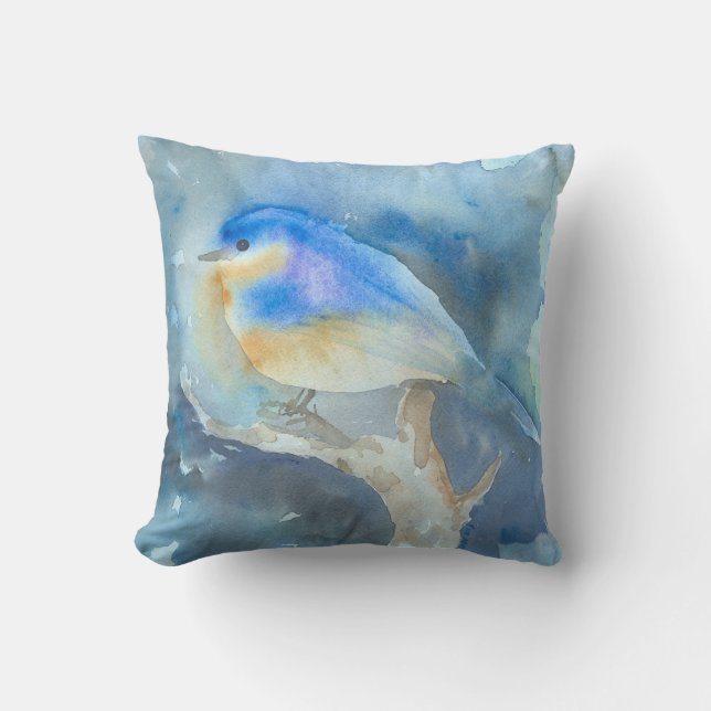 Blauwvogel Waterverf Kussen (Voorkant)