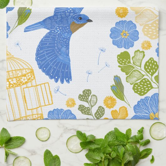 Blauwvogels en bloemen theedoek (Gevouwen)