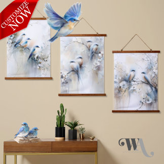 Blauwvogels en bloesems hangend wandkleed