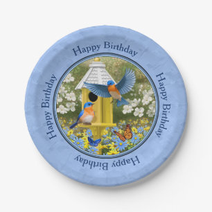 Blauwvogels en Hexagon Birdhouse Blue Papieren Bordje