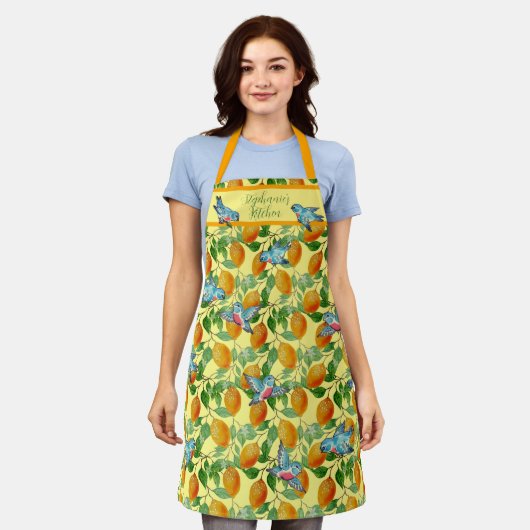 Blauwvogels en Lemons Cheerful Yellow Custom Schort (Gedragen)