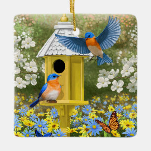 Blauwvogels en Tall Yellow Birdhouse Keramisch Ornament