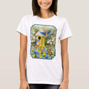 Blauwvogels en Tall Yellow Birdhouse T-shirt