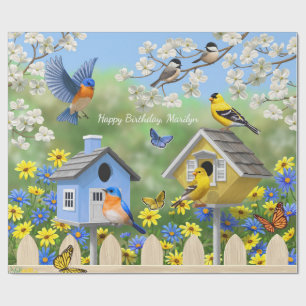 Blauwvogels Goldfinches Birdhouses Flower Garden Cadeaupapier