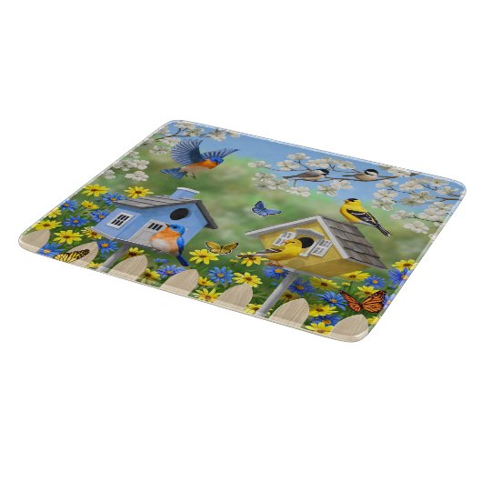 Blauwvogels Goldfinches Birdhouses Flower Garden Snijplank (Hoek)