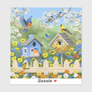 Blauwvogels Goldfinches Birdhouses Flower Garden Sticker