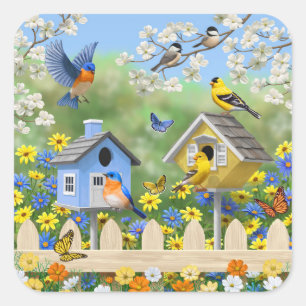 Blauwvogels Goldfinches Birdhouses Flower Garden Vierkante Sticker