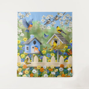 Blauwvogels Goldfinches Birdhouses Flower Garden Wandkleed