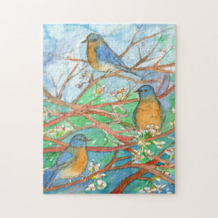 Blauwvogels in de boom Waterverf Natuur schilderij Legpuzzel