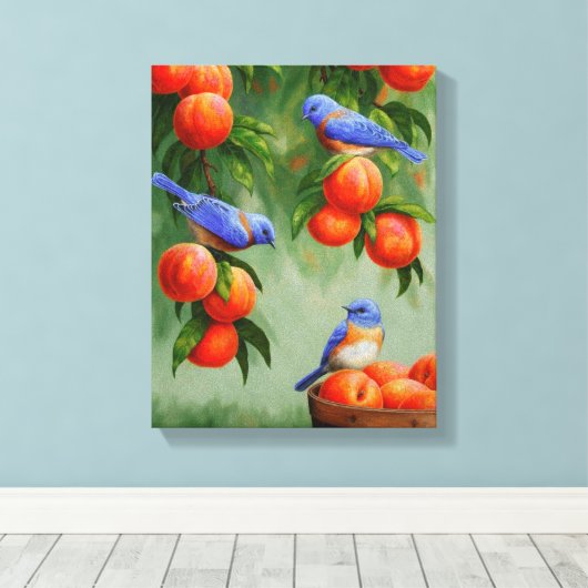 Blauwvogels in een boomgaard canvas afdruk (Insitu (Houten vloer))