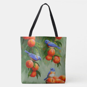 Blauwvogels in een boomgaard tote bag