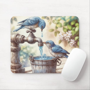 Blauwvogels met een oude kraan en emmer muismat