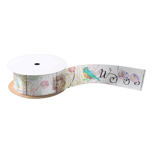 Blauwvogels met Roze Hydrangea Floral Monogrammed Lint (Spoel)