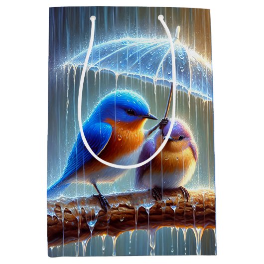 Blauwvogels onder een paraplu verjaardag medium cadeauzakje (Voorkant)