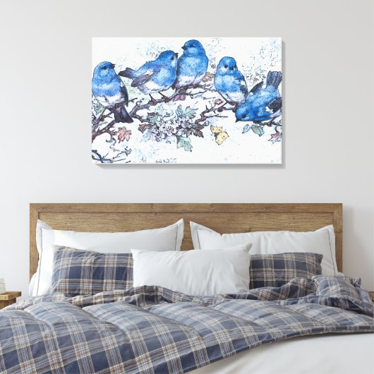 Blauwvogels op kersenbloesem canvas afdruk (Insitu (Slaapkamer))
